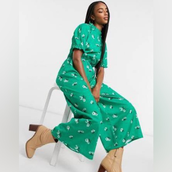 ASOS DESIGN Jersey High Neck Frill Tea Jumpsuit Green Floral